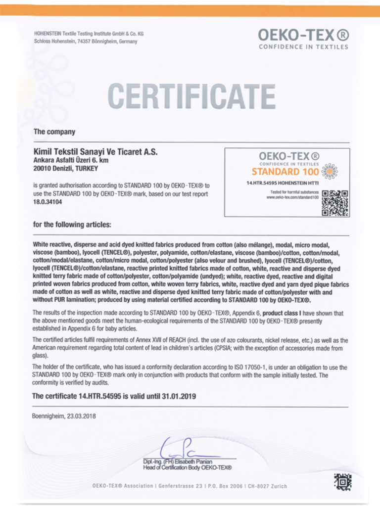 Kımıl Tekstil,quality, certificates